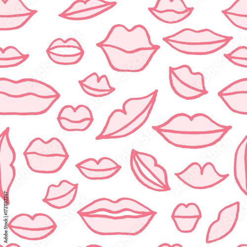 Vector seamless pattern with pink freehand drawn cartoon lips on white background