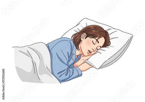 Vector illustration of a young woman sleeping soundly in a cozy bed, her head on a soft pillow. Concept of healthy rest, dreams, and nighttime relaxation