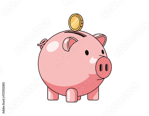 Isolated graphic design element of a cute cartoon piggy bank with a coin. This simple vector icon represents money saving, personal finance, and budget management