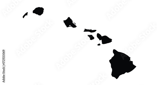 A simple black silhouette map of the Hawaiian Islands, including all major islands, isolated on a clean white background.