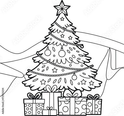 Christmas tree coloring page, holiday decorations, presents under tree, star topper, festive outline, black and white illustration