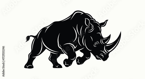A powerful and dynamic black silhouette of a rhinoceros in a charging or walking pose, showcasing its muscular build and horn.