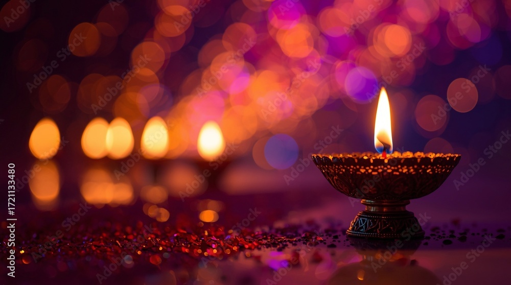 Fototapeta premium Traditional clay oil lamp burning with warm flame during Diwali festival celebration, row of glowing diyas creating bokeh background of colorful lights, spiritual and festive atmosphere