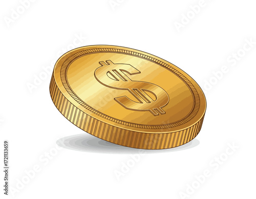 Golden dollar coin illustration A shiny, isolated vector image representing wealth, finance, and investment, perfect for business