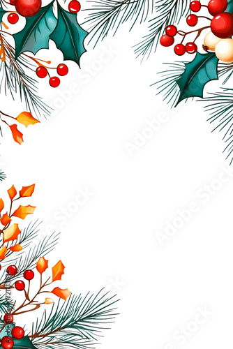 A New Year's watercolor Christmas frame with fir branches and berries on a transparent white background. Botanical illustration for the winter holiday. PNG