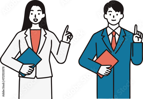 Business Man and Woman Giving Presentation with Pointing Gesture.