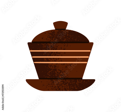 Ceramic gaiwan with ornament. Pot for preparing herbal drinks. Teapot, pottery bowl for brewing herbs and leaves. Chinese tea infuser icon. Flat isolated vector illustration on white background