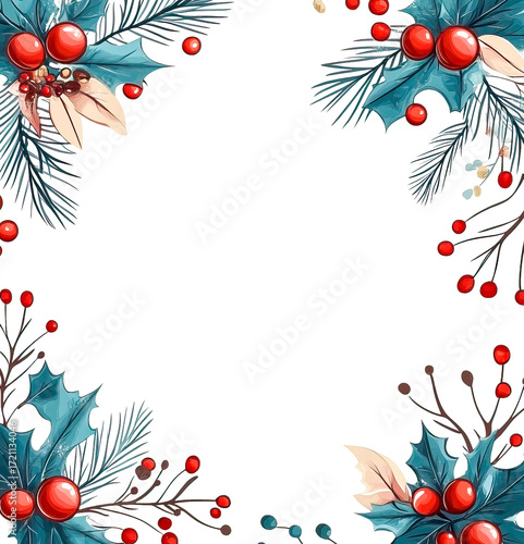 A New Year's watercolor Christmas frame with fir branches and berries on a transparent white background. Botanical illustration for the winter holiday. PNG