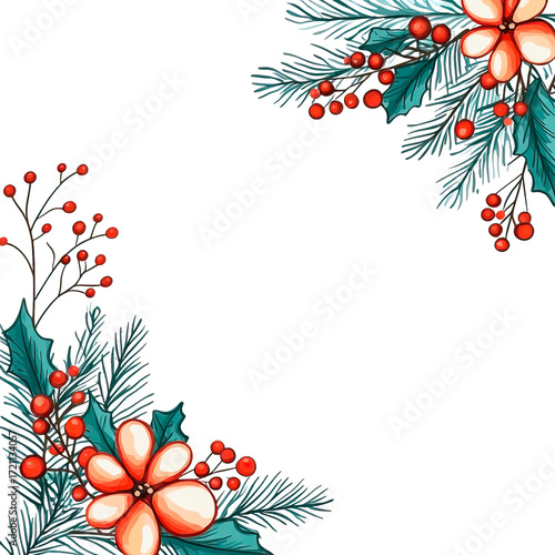 A New Year's watercolor Christmas frame with fir branches and berries on a transparent white background. Botanical illustration for the winter holiday. PNG