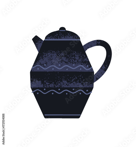 Patterned black tea pot for preparing hot drinks. Pottery teapot with ornament for brewing herbs and leaves. Ceramic kettle for cooking herbal beverages. Flat isolated vector illustration on white