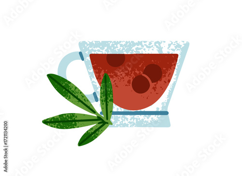 Cup of fruit tea with branch. Glass mug of herbal drink with twig of herbs. Teacup of hot beverage. Pot of water with berries and sprig. Flat isolated vector illustration on white background