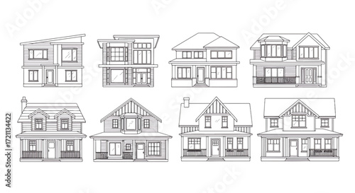 A collection of hand-drawn black and white line art sketches of various styles of suburban houses and family homes.