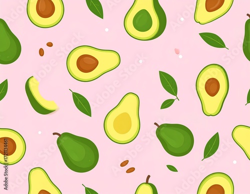 Avocado halves and leaves on a pink background