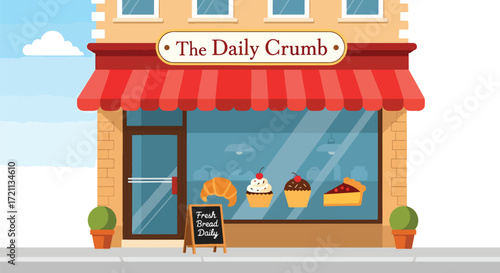 A cute and welcoming cartoon illustration of a bakery storefront named 'The Daily Crumb' with a red awning and baked goods display.
