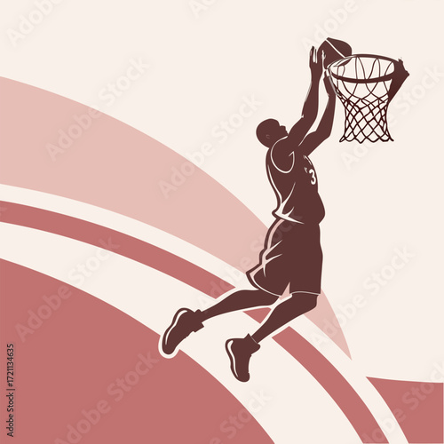 Silhouette of a basketball player in mid air during a dunk attempt