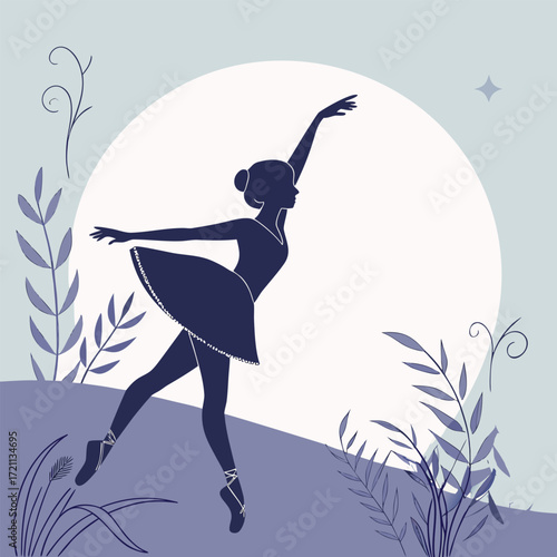 Silhouette of a ballerina dancing gracefully against a large moon backdrop