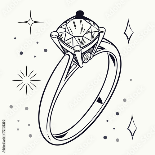 Elegant diamond engagement ring illustration with sparkling star and diamond accents