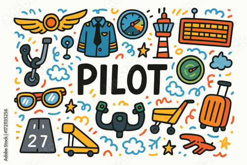 Pilot, aviation doodle icon set. colorful hand-drawn pilot tools linear collection
