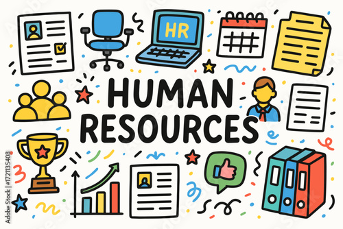 Human resources icon set with office, recruitment, and teamwork icons in flat style