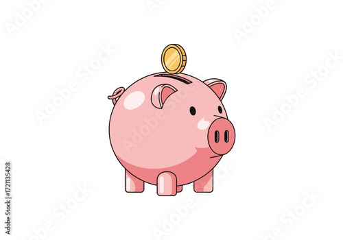 A cheerful, pink piggy bank with a gold coin being dropped inside, symbolizing savings, financial security, and investment planning for the future