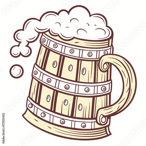 Sketch of a wooden beer mug overflowing with frothy foam bubbles