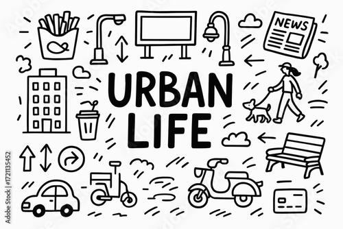 Urban life icon set: outline style for city, lifestyle, and transportation icons