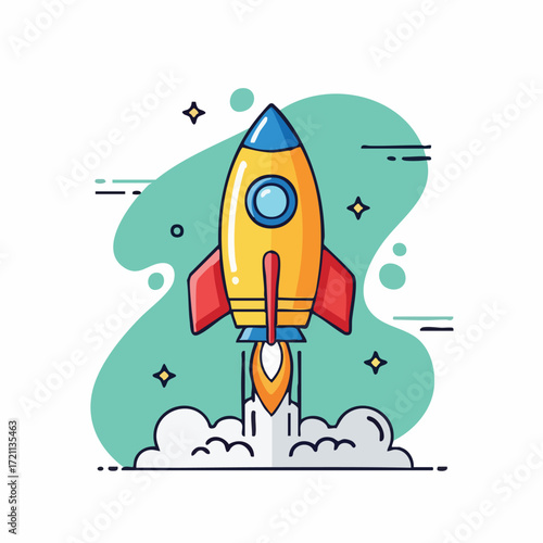 Rocket Launching into Space with Smoke and Stars.