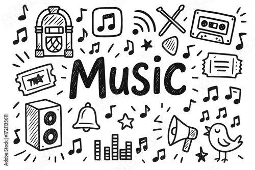 Music, entertainment outline icon set. instruments, audio, songs in outline style.