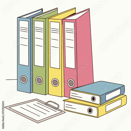 Colorful ring binders a clipboard and papers illustrate organization tools