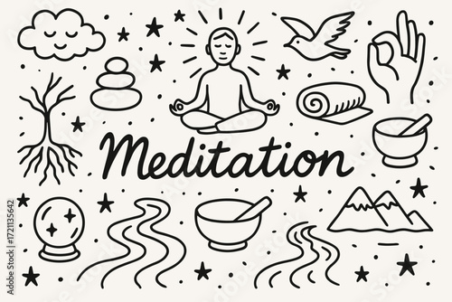 Meditation, mindfulness linear icon set. relaxation, spirituality icons outline collection