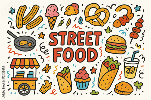 Street food icon set: colorful doodle collection of popular snacks and treats