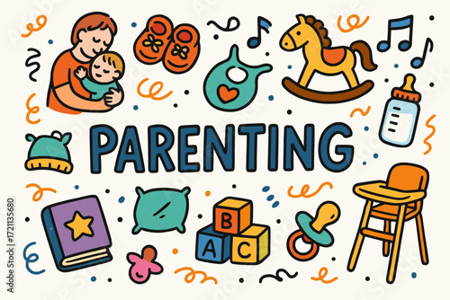 Parenting line icon set: baby essentials, toys, and family care line collection