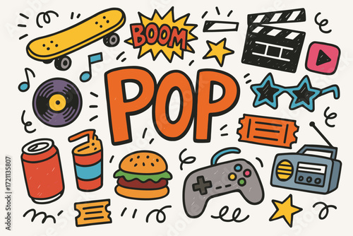 Pop culture doodles icon set. modern entertainment symbols and music, vector outline art