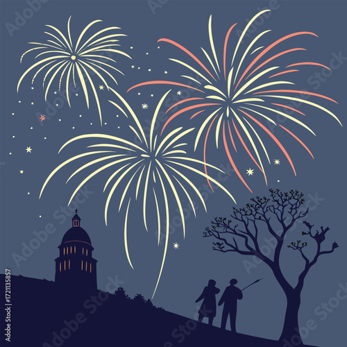 Spectacular fireworks display illuminates the night sky above a silhouetted landscape