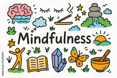 Mindfulness outline icon set. calmness, meditation, relaxation icons collection.