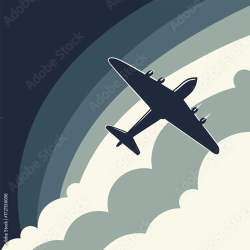 Vintage airplane silhouette flying amidst stylized curved atmospheric bands