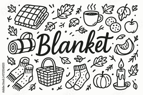 Cozy autumn doodle icon set. fall, hygge, seasonal lineart collection for blogs