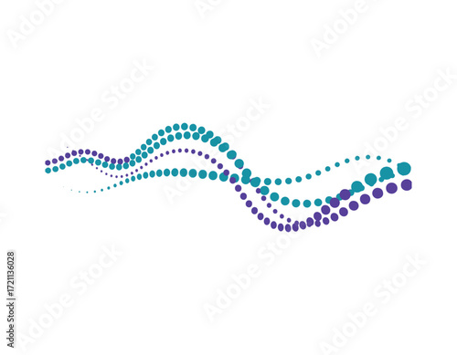 Abstract wave of purple and teal dots forming a fluid, dynamic line, representing data flow and connectivity