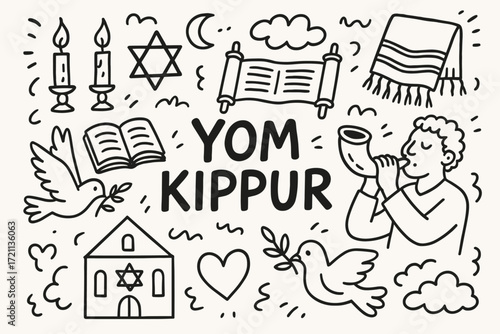 Yom kippur outline icon set for jewish traditions and celebrations