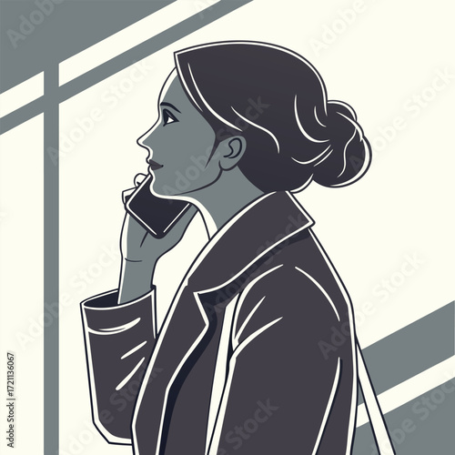 Woman in profile speaking on a mobile phone sketched in a minimalist style