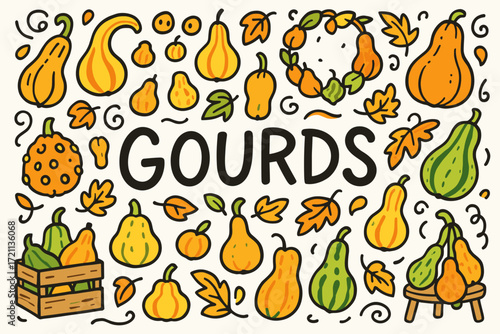 Harvest season flat icon set. gourds, pumpkins, leaves & autumn decorative icons.