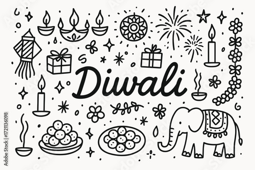 Diwali celebration, festival outline icon set. traditional and cultural icons collection