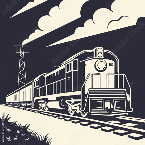 Vintage style illustration depicts a speeding train on railway tracks