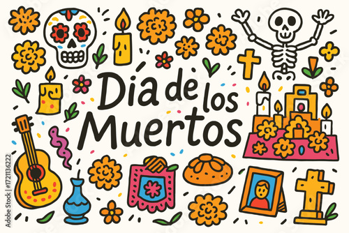 Día de los muertos icon set with vibrant, filled colors for colorful celebrations