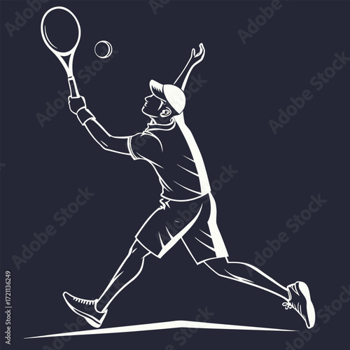 A white silhouette of a tennis player serving against a dark background