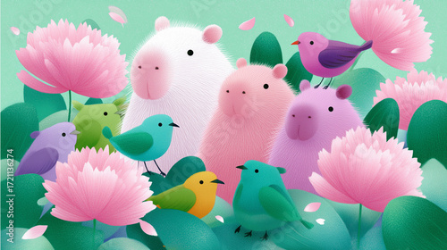 Illustration of Capybara, Capibara Family Surrounded by Birds, Flowers, Cute Animal Drawing in Nature-Inspired Wildlife Setting, Animals Family Concept.