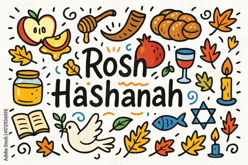 Rosh hashanah linear icon set. jewish new year, celebration, holiday symbols collection.