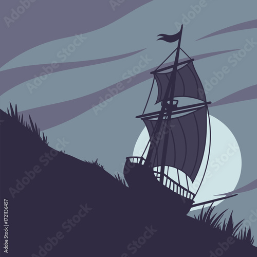Silhouette of a sailing ship against a large moonlit night sky