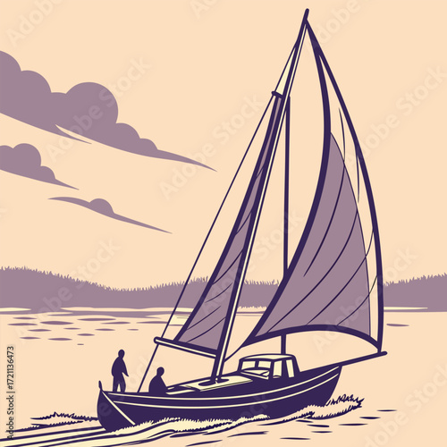 A simplified illustration of a sailboat gliding on calm waters