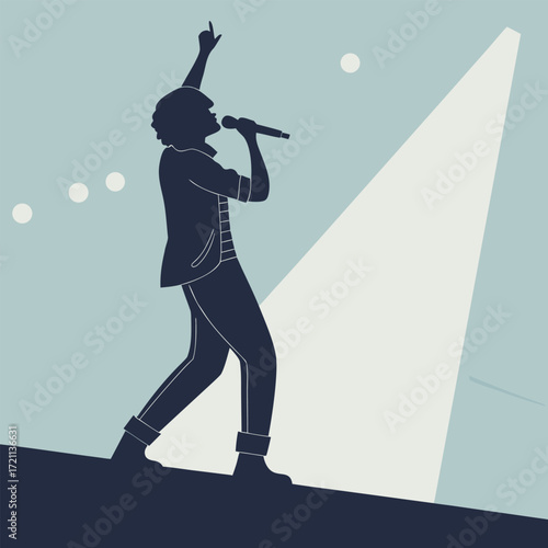 Silhouette of a singer performing passionately on a brightly lit stage